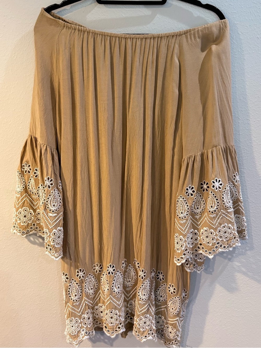 Sweet Magnolia Beige Off-Shoulder Tunic with White Eyelet Embroidery